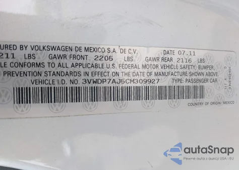 2012 Volkswagen Jetta 2.5L Se from USA, damaged, VIN 3VWDP7AJ5CM309927